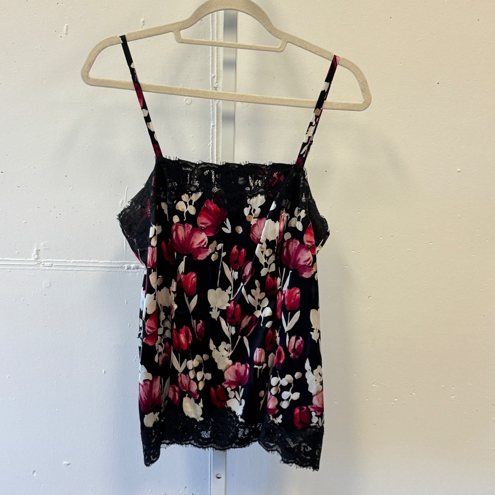 White House Black Market Silk Blend Floral Lace Trim Camisole Top Black Pink Sm
